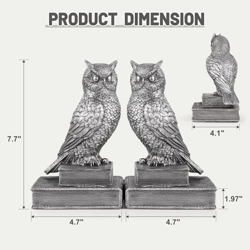 Owl Bookends, Book Ends for Shelves, Vintage Resin Decorative Bookends with Anti-Slip Base for Books Lovers Home Office Decor Book Holder (Silver) - color: Silver