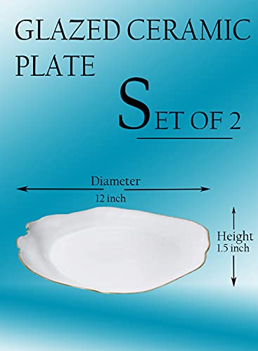 Serene Spaces Living Set of 2 Large Free-Form Edge Glazed Ceramic Plate- Dinnerware for Vintage Weddings, Events, Measures 12" Diameter and 1.5" Tall - color: White, 12" Plate