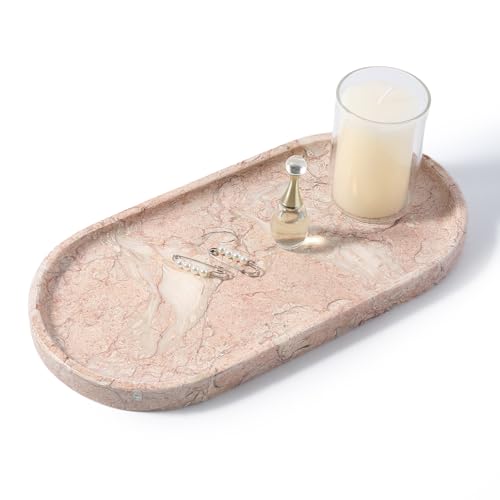 Koville Pink Marble Tray for Bathroom Countertop, Vanity Tray Stone Trays for Decor, Natural Marble Decorative Tray for Dresser Organizer, Storage Trays for Perfume, Jewelry, Cosmetics(Coquille Pink) - color: Coquille Pink, size: 12" x 6" x 0.7"