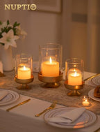NUPTIO Candle Holders for Pillar Candles: Gold Large Holders with Hurricane Glass Sleeve for Outdoor - Brass Stands Set of 3 for Fireplace Table Centerpiece