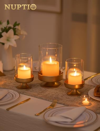 NUPTIO Candle Holders for Pillar Candles: Gold Large Holders with Hurricane Glass Sleeve for Outdoor - Brass Stands Set of 3 for Fireplace Table Centerpiece