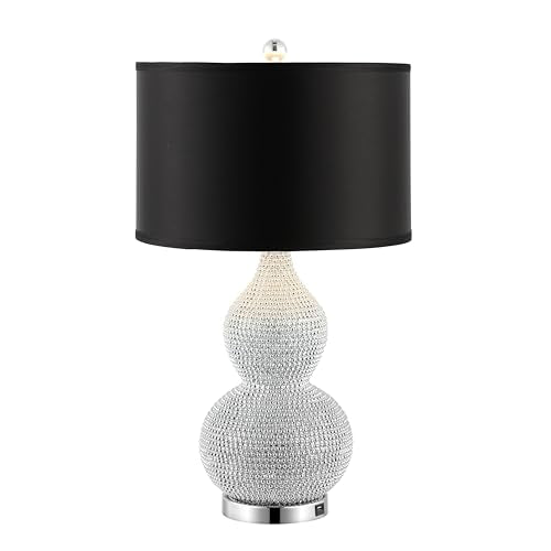 SAFAVIEH Lighting Collection Nicole Silver/Black Shade Beaded 25-inch Table Lamp Set of 2 with USB Charging Port (LED Bulbs Included) - color: Silver - with USB