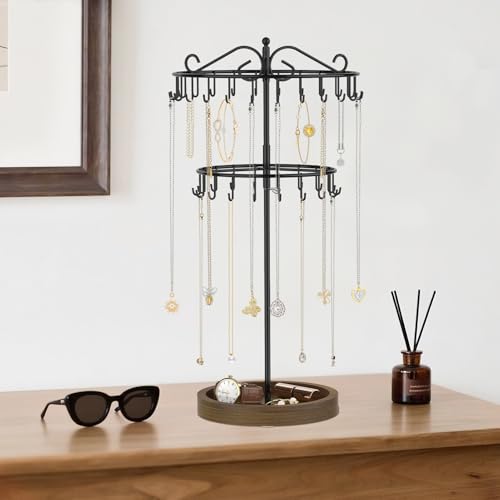 iDavosic.ly 2 Tier Rotating Necklace Holder Organizer with Wooden Jewelry Tray, Adjustable Metal Bracelet Display Stand with 42 Hooks, Extra Tall Keychain Spinning Tree Tower for Women, Black - color: Black with Wooden Tray