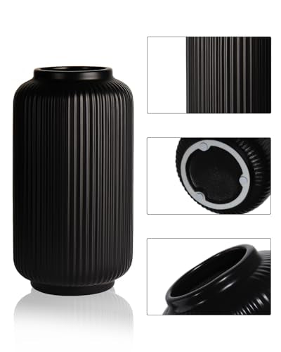 Black Ceramic Vase, 8 Inch Ribbed Flower Vase for Bouquet and Pampas Grass, Modern Wide Mouth Decorative Vase for Dining Table, Kitchen Shelf, Wedding Centerpiece - color: Black02