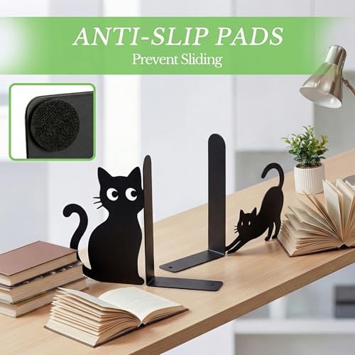 Sanwarm Metal Bookends Funny Cats Black Book Ends Decorative Bookend for Home Office Library Desk Book Shelves Decor, Gift for Reading Enthusiasts Non-Skid Book Stoppers Holder (1 Pair) - color: Black Cat 5