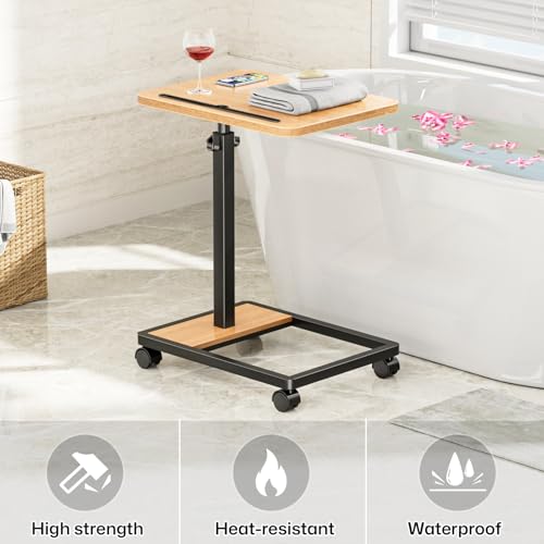 Adjustable TV Tray Table - 360° Rotating C Shaped End Side Table Sofa Couch Bed Table with Wheels for Eating Living Room Laptop - color: Oak