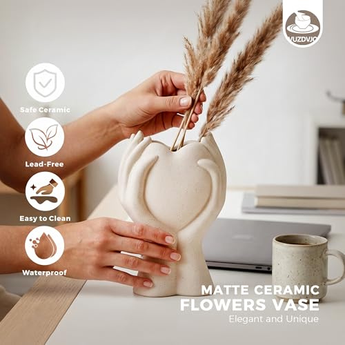8 Inch Heart Hand White Ceramic Vase - Unique Modern Aesthetic Flowers Vase for Living Room Bedroom Office Kitchen Table Centerpiece or Shelf Decor (Cream White) - color: Cream White