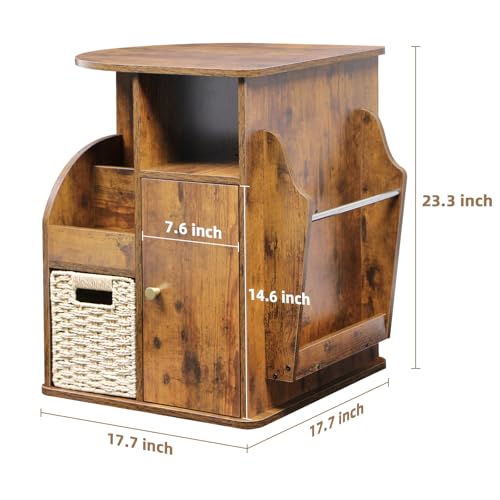 TooCust Rotating End Table with Storage, Swivel Side Table Living Room, Side Table with Magazine Holder, Basket and Cabinet, Sofa Side Farmhouse End Tables with Open Shelf (Rustic Brown)