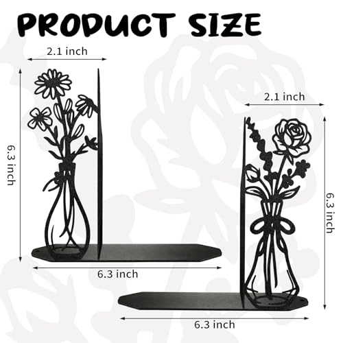 Flower Metal Bookends Decorative Book Ends for Shelves, Cute Book Ends for Home Office Decor Decorative Flower Vase Book Ends for Heavy Books, Book Stopper Ideal Gift for Mother's Day - color: Black Flower