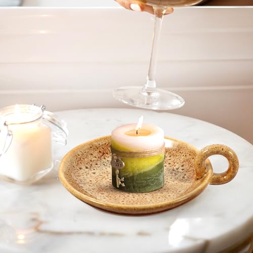 Veemoon Vintage Ceramic Candlestick Holder Farmhouse Candle Tray with Handle Round Pottery Sage Burning Plate Table Aromatherapy Holder for Spa Meditation Home Decor (5.7 * 1.7Inch, Khaki)