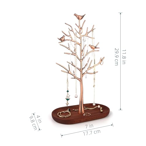 MORE&LESS Branch Jewelry Rack with wood tray,Retro color,Tree Tower Rack Hanging Organizer for Ring Earrings Necklace Bracelet,Suitable for living rooms, bathrooms,offices,etc. - color: B Antique Copper-Wood Tray
