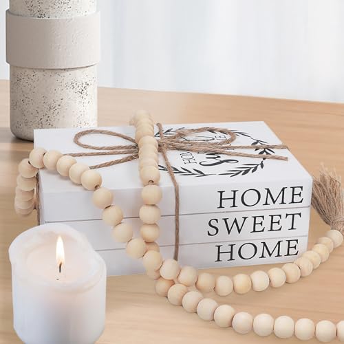 Decorative Books for Home Decor, Faux Books for Decoration, Rustic Farmhouse Decor, Fake Books with 52in Wood Beads Garland, Book Decor for Living Room Coffee Table (Home Sweet Home) - color: Home Sweet Home