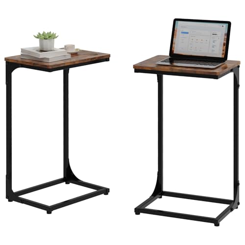 C Shaped End Table Set of 2, TV Tray Side Table for Couch, Couch Tables That Slide Under C Table Side Table for Small Spaces Living Room Bedroom Bedside Home Office, Brown - color: Brown, size: 2
