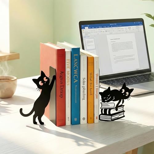 Sanwarm Metal Bookends Cat Black Whimsical Book Ends Decorative Bookend for Home Office Library Desk Book Shelves Decor, Gift for Reading Enthusiasts Non-Skid Book Stoppers Holder (1 Pair) - color: Black Cat 4