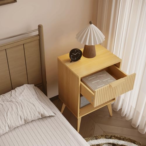 YAUKOMEL Fluted Night Stand with Opening Storage,Mid Century Bedside Table with Drawer,Wood Nightstand with Solid Wood Legs,End Table Side Table for Living Room,Bedroom,Natural CTG56Y - color: Natural