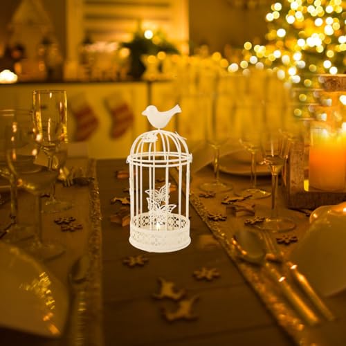PRETYZOOM Large Wrought Iron Bird Cage Candle Holder 3.94 Inch Metal Tealight Holder Vintage Rustic Pillar Candlestick for Home Decor Romantic Ambiance - color: White