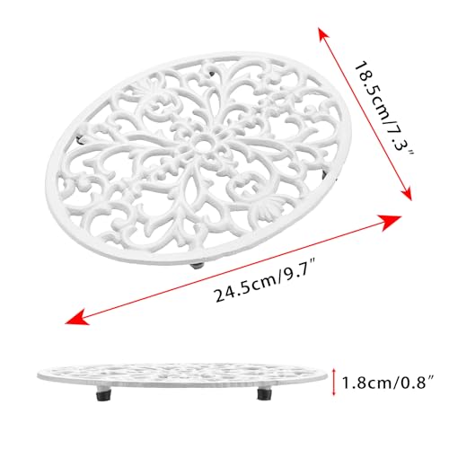 Sumnacon 2 Pcs Oval Cast Iron Trivet - Antique Heat Resistant Metal Trivet for Hot Dish Pot Pan Teapot, Vintage Well Made Hot Plate Pad for Kitchen Dining Countertop Table,White - color: White, size: 9.6 x 7.2 Inch