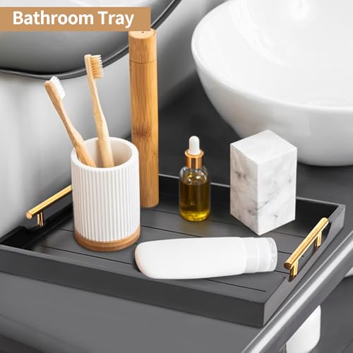 SXNOWS Coffee Table Trays - Large Ottoman Tray for Living Room -Wood Serving Tray with 2 Sets of Handles - Wooden Tray for Coffee Table, 4 Round Coasters Included, Black - color: Black
