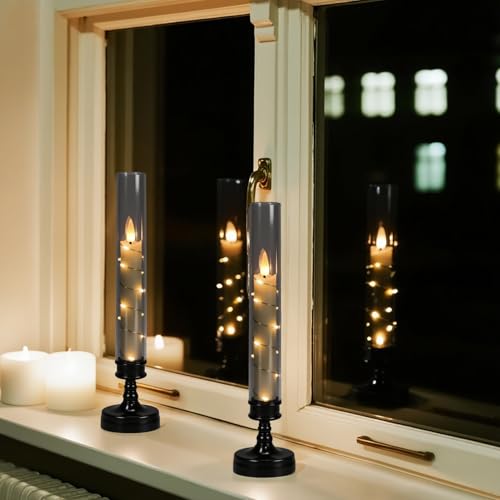 GenSwin Halloween Flameless Taper Candles with Remote and String Lights, Black Halloween Flameless Candles Battery Operated, 2 Pcs LED Flickering Candlesticks for Home Window Table Decor(D2.2”xH10”) - color: 2-Black