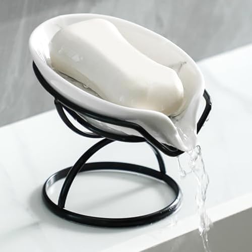 Dobbyby Leaf-Shaped Soap Dish – Premium Ceramic Soap Bar Holder with Self-Drainage System – Bar Soap Holder for Shower, Bathroom Sink, Kitchen – Waterfall Soap Dish with Stainless Steel Stand (Black) - color: Black