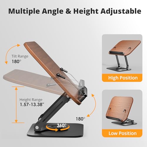 SupeDesk Book Stand for Reading, Adjustable Book Holder with 360° Rotating Bases, Foldable Designs, and Elastic Clips, Multifunctional Display Stand for Recipe, Cookbooks, Magazines, Tablets, Laptops - color: Dark Wood