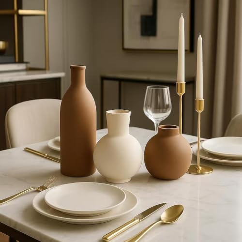 Ceramic Vase Set of 3, Modern Minimalist Farmhouse Style Home Decor Vases, Ideal for Pampas Grass & Dried Flowers, Perfect for Kitchen, Bedroom, Living Room & Dining Table Centerpiece(Brown) - color: Brown