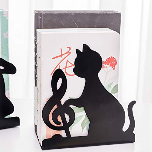 Decorative Art Bookends Cute Cat Playing Music Nonslip Book Ends Supports Books Organizer Heavy Duty Iron Book Stands Stoppers Office School Library Animal Music Note Black Metal Books Holders Racks - color: Music Note Cat