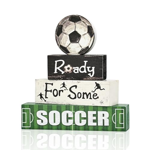 Smile Soccer Wooden Block Decor Set, 4-Piece Ready For Some Soccer Blocks & Soccer Ball Tiered Tray Tabletop Signs for Game Day & Sports Party Decorations - style: Goal