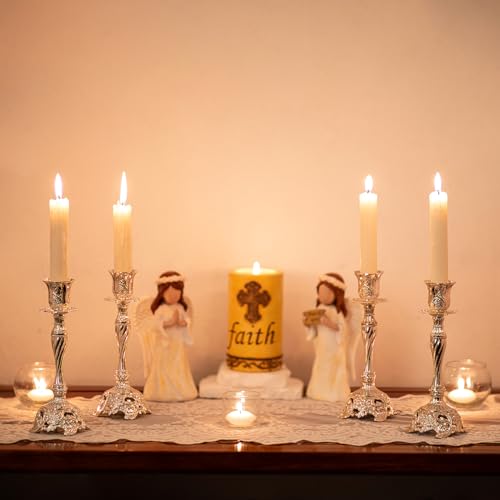 Sziqiqi Silver Plated Candlestick Holders Set of 2 Taper Candle Holders Deluxe Ornate Candle Holders for Shabbat Taper Candles, Candle Centerpiece, Wedding Candles, Christmas Candle, 7.4inch - color: Silver