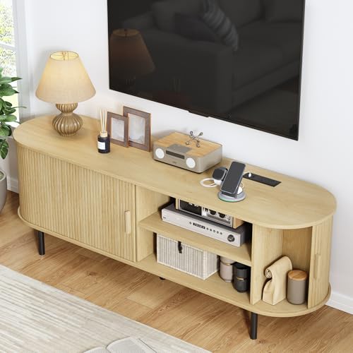 63" TV Stand with Power Outlet, Modern Media Console with Sliding Doors, Entertainment Center for TVs up to 60 Inch, Adjustable Shelves, Oak - color: Oak, size: 63 Inch