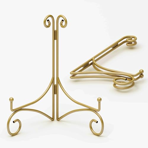 Iron Plate Stand for Display with Folding Design, Picture Stands for Tables, 12 Inch Large Easels for Displaying for Book, Art Piece, Photo and Platter, 12’’ Gold