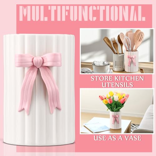 LemonRoad Pink Bow Ceramic Utensil Holder 3D Coquette Handmade Pink Kitchen Decor Mothers Day Kitchen Gifts Cooking Utensil Crock with Scalloped Preppy Caddy Pen Holder Vase for Countertop Spoon - color: Pink, style: Bow