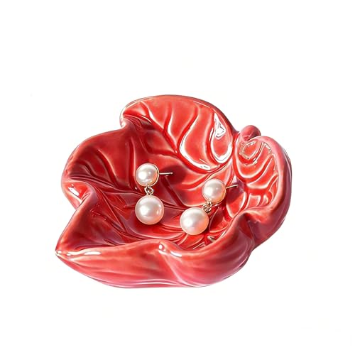 Jewelry Tray, Ceramic Leaves Jewelry Dish, Ring Holder Dish, Small Trinket Tray, Washable Key Bowl(Red) - color: Red
