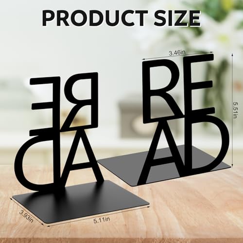 Chunful 2 Pcs Metal Bookends Back to School Read Bookends Decorative Black Hollow Letter Book Holders Heavy Duty Non Slip Bookend for Bookshelf Heavy Books Home Office School Library Study Room Decor - color: Read