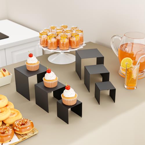 Matte Metal Display Stand,6 Pcs 2 Set Display Risers for Display, Metal Rectangular Display Shelf for Showcase, Dessert, Toys, Perfume (Black, 3''x4''x5) - color: Black, size: 3''x4''x5"