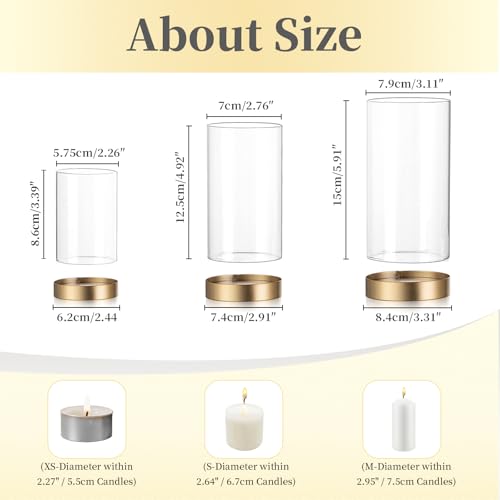 Hewory Hurricane Candle Holder for Pillar Candles: Gold Votive Candle Holders Set of 3, Glass Hurricane with Metal Candle Plate, Pillar Candle Holder for Table Centerpiece Wedding Holiday Home Decor - color: Gold, size: 3PCS
