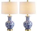 JONATHAN Y 25.25" Blue/White Ceramic Ginger Jar Table Lamp Set of 2, Traditional Brass Gold Base for Living Room Bedroom, White Linen Drum Shade, LED Bulbs Included JYL1072A-SET2