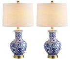 JONATHAN Y 25.25" Blue/White Ceramic Ginger Jar Table Lamp Set of 2, Traditional Brass Gold Base for Living Room Bedroom, White Linen Drum Shade, LED Bulbs Included JYL1072A-SET2