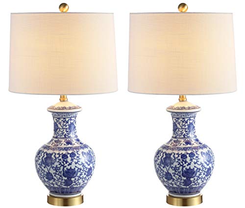 JONATHAN Y 25.25" Blue/White Ceramic Ginger Jar Table Lamp Set of 2, Traditional Brass Gold Base for Living Room Bedroom, White Linen Drum Shade, LED Bulbs Included JYL1072A-SET2