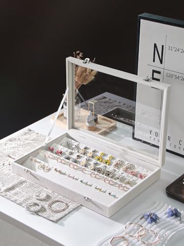 Coward Earring Organizer Tray Box, Beige Velvet Earring Jewelry Display Storage Tray Case with Transparent Glass Lid for Home Drawer or Shop Selling - color: Beige Velvet, size: Earring Box