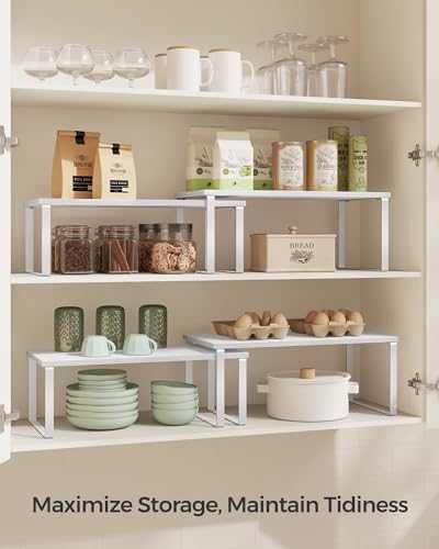 SONGMICS Cabinet Organizer Shelf, Set of 2 Kitchen Counter Shelves, Kitchen Storage, Spice Rack, Stackable, Expandable, Metal and Engineered Wood, Cloud White and Snow White UKCS025W01 - color: Cloud White + Snow White, size: 15.6"W