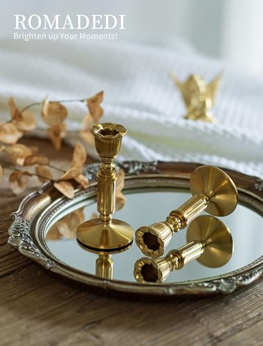 Gold Candle Holders Vintage Decor - Romadedi Solid Brass Candlestick Taper Holder for Wedding Christmas Table Centerpiece Mantel Home Decoration 5.5 Inch Set of 2