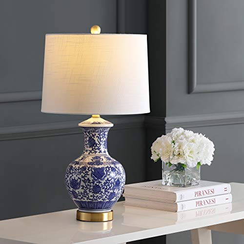 JONATHAN Y 25.25" Blue/White Ceramic Ginger Jar Table Lamp Set of 2, Traditional Brass Gold Base for Living Room Bedroom, White Linen Drum Shade, LED Bulbs Included JYL1072A-SET2