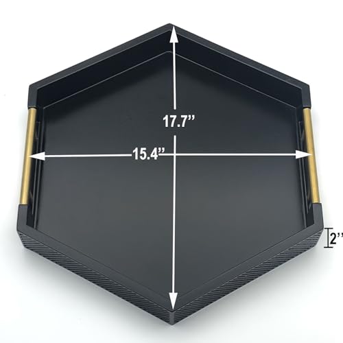 Serving Tray with Polished Metal Handles, Hexagon Coffee Table Tray, Modern Rectangle Decorative Tray, Large Ottoman Tray, Perfect for Storage and Display (Black Hexagon) - color: Black Hexagon