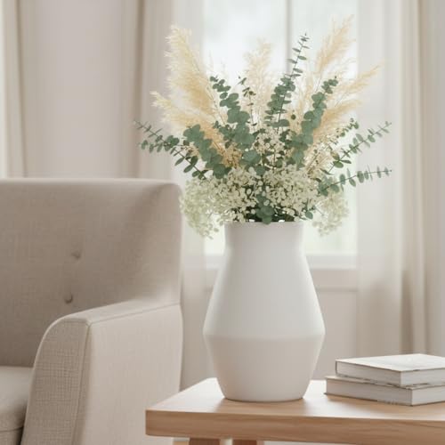1pcs. White Vase for Home Decor Table, Living Room, Entryway Ceramic Geometric Wide-Mouth for Flowers Textured Matte Unglazed Pottery - White Height 11 in/Width 7.48 in/Opening 4.92 in - color: White, size: 11 inch