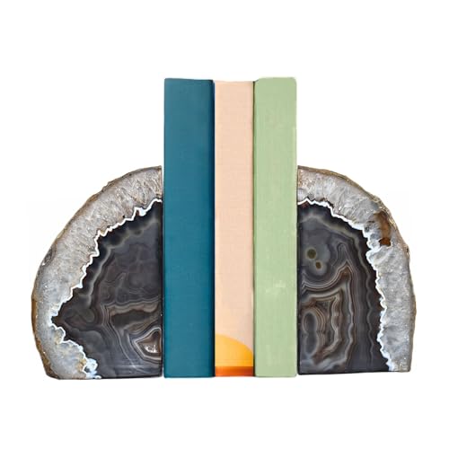 Nature's Decorations A Quality Black Agate Geode Bookends - Heavy Duty with Non-Skid Rubber Bumpers for Shelves, Office, Home Decor - Cool Crystal Stone (1 Pair 6-8 LB) - color: Black, size: A Grade 6 - 8 Lbs