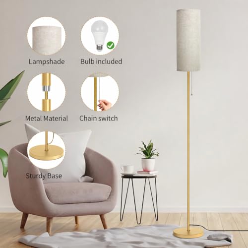 Ldeco Modern Floor Lamp for Living Room, Gold Standing Lamps with 3 Color Temperatures Bulb, Minimalist Tall Lamp with Chain Switch for Bedroom, LED Bulb Included(Beige Shade+Gold) - color: Beige+Gold