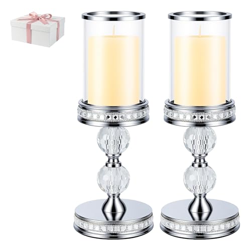 12.4" Tall Hurricane Candle Holder, Pillar Candle Holders with Glass Sleeve with Gift Box, Crystal Candle Stands for Home Warming, Weddiing, Dining Room Decor, Table Centerpiece (2, Silver, M) - color: Silver, size: Medium