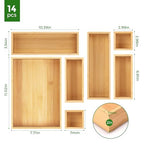 Bamboo Drawer Organizer Set, 14 PCS Multi-Use Individual Wood Storage Organizers, Junk Drawer Divider and Storage Trays Containers for Kitchen, Bathroom, Office Desk, Makeup, Jewelry, Utensils - size: 14