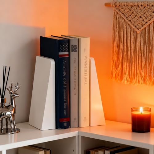 Modern White Wood Bookends - Decorative Book Stoppers for Bookshelves, Office & Home Decor - Sturdy Wooden Book Organizer (Set of 2)